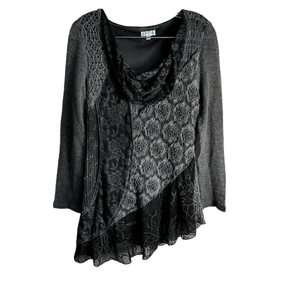 Adore Black Gray Mixed Textiles Lagonlook Asymmetrical Floral Tunic Top - Picture 1 of 6